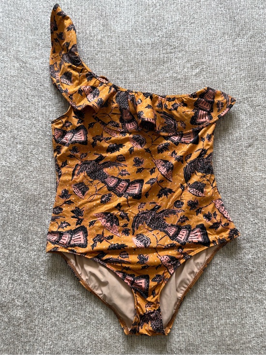 Ulla Johnson Other - Ulla Johnson One Shoulder Swimsuit Large Ruffle Bird Print Orange Boho